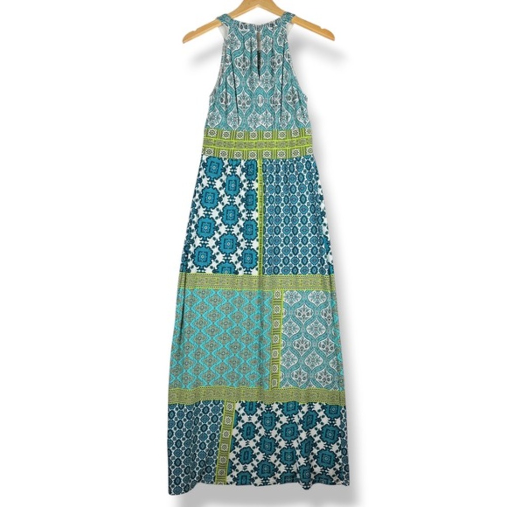 London Times Patchwork Maxi Dress Womens Size 4‎ Blue Green Boho Resort Paisley